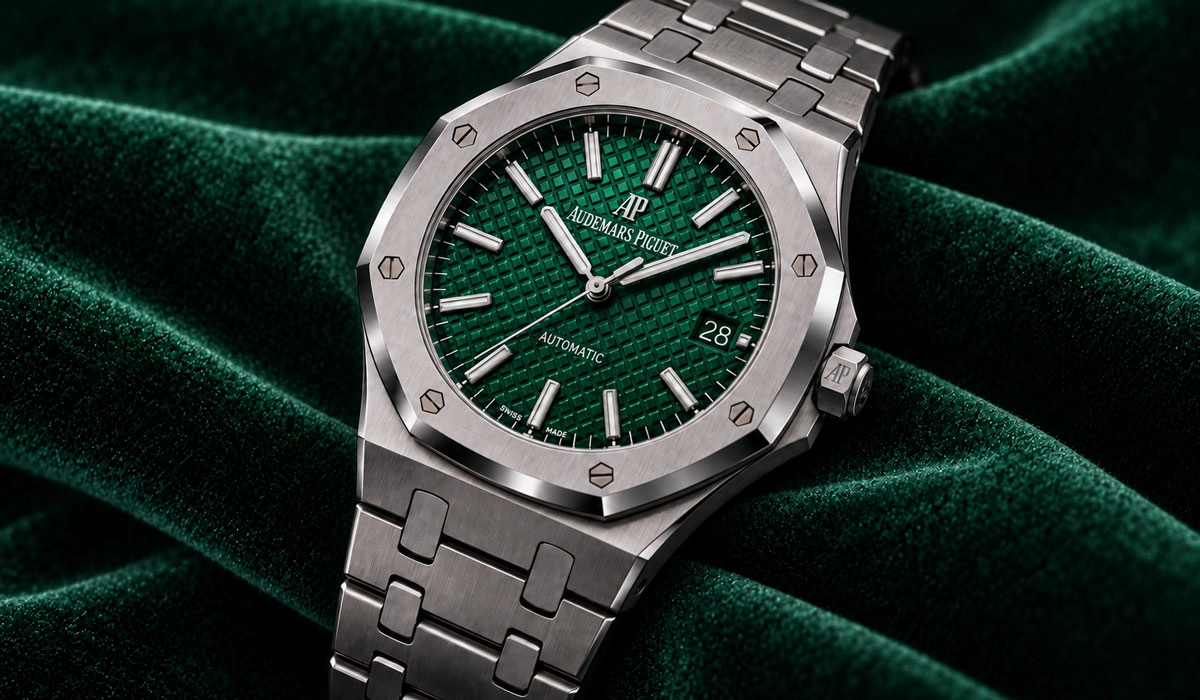 ساعت اودمار پیگه رویال اوک با صفحه سبز زمردی شطرنجی روی مخمل سبز، نماد طراحی منحصربهفرد و لوکس