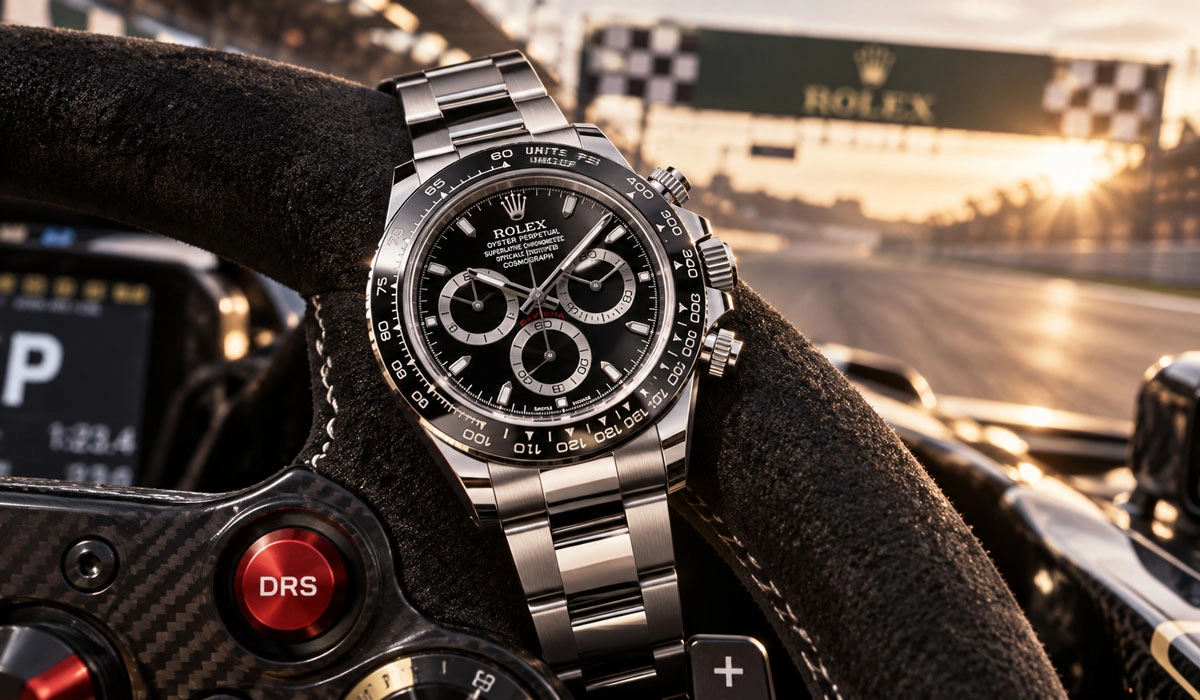 ساعت رولکس کاسموس (Cosmograph Daytona) روی فرمان ماشین مسابقه، نمادی از سرعت و دقت